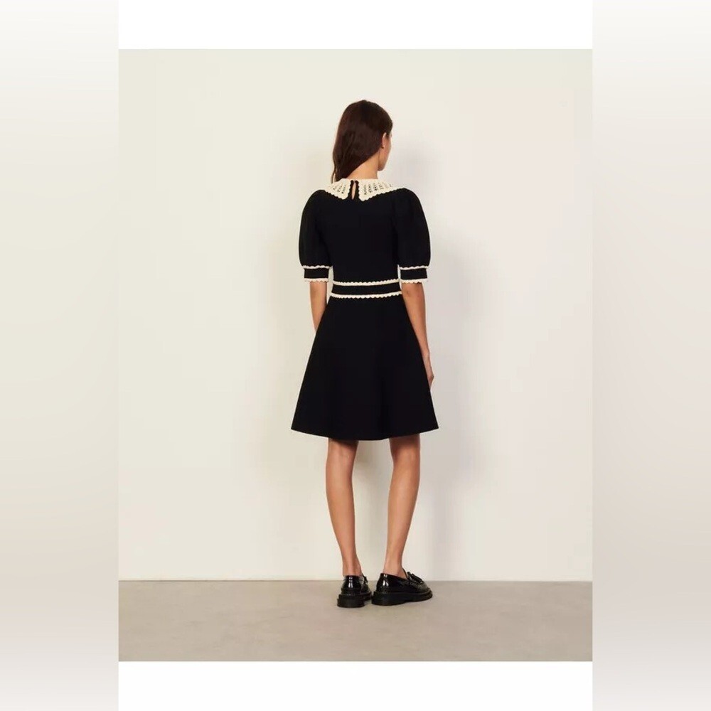 Sandro Dress Women's Size 40 FR Black Knit Collar Crochet Lace A-Line Skirt - Picture 9 of 14